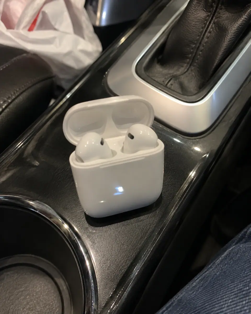 Earbuds in palm — before (phone photo)