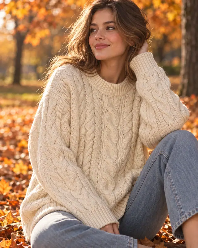 Autumn leaves park — Apparel on model AI photo