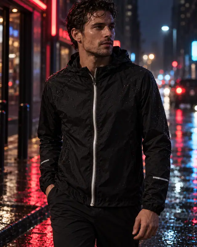 Rain night neon — Apparel on model AI photo