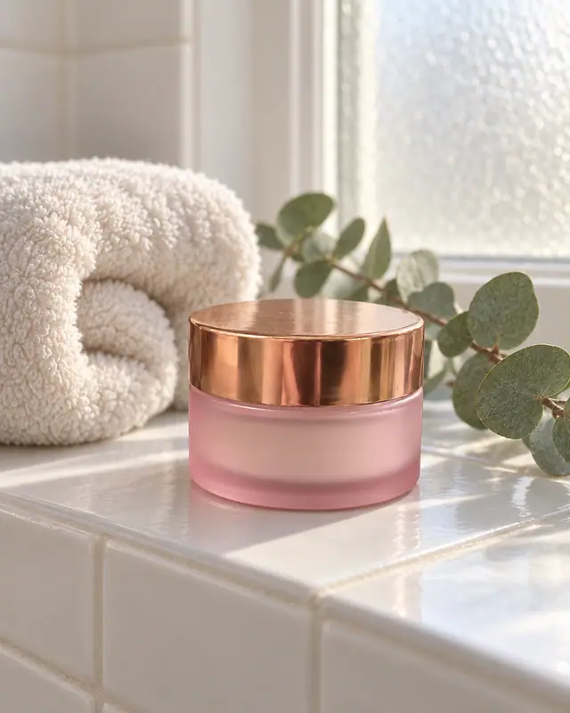 Bathroom shelf ritual — Cosmetics AI photo