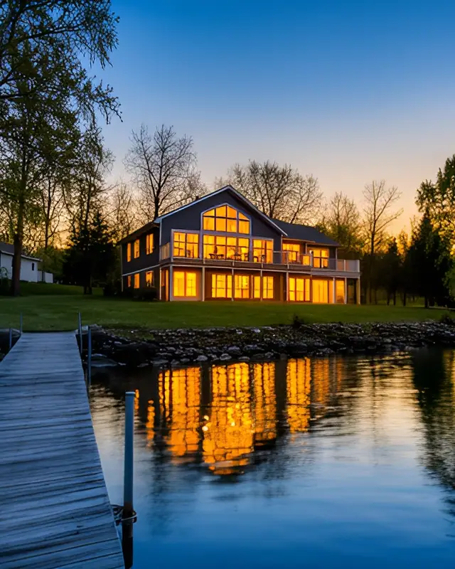 Lake house twilight — Twilight exteriors AI photo
