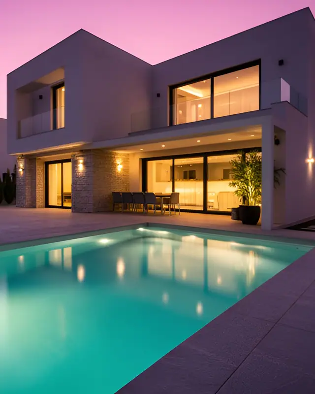 Modern villa twilight — Twilight exteriors AI photo